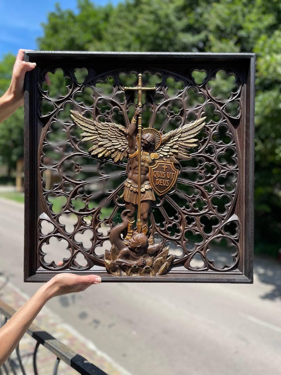 Modern Archangel Michael Wooden Statue