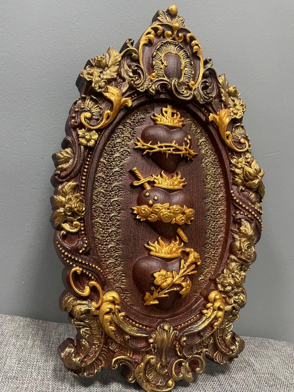 Three Sacred Hearts of the Holy Family Wall Hanging Wooden Art work