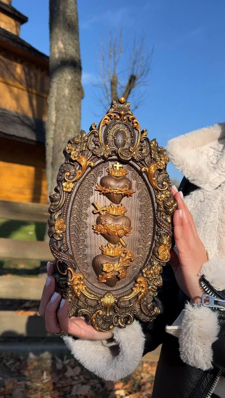 Three Sacred Hearts of the Holy Family Wall Hanging Wooden Art work
