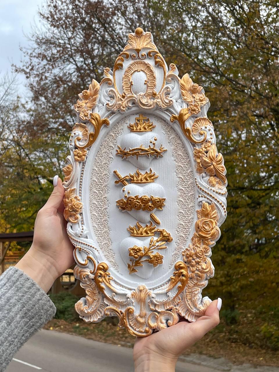 Three Sacred Hearts of the Holy Family Wall Hanging Wooden Art work