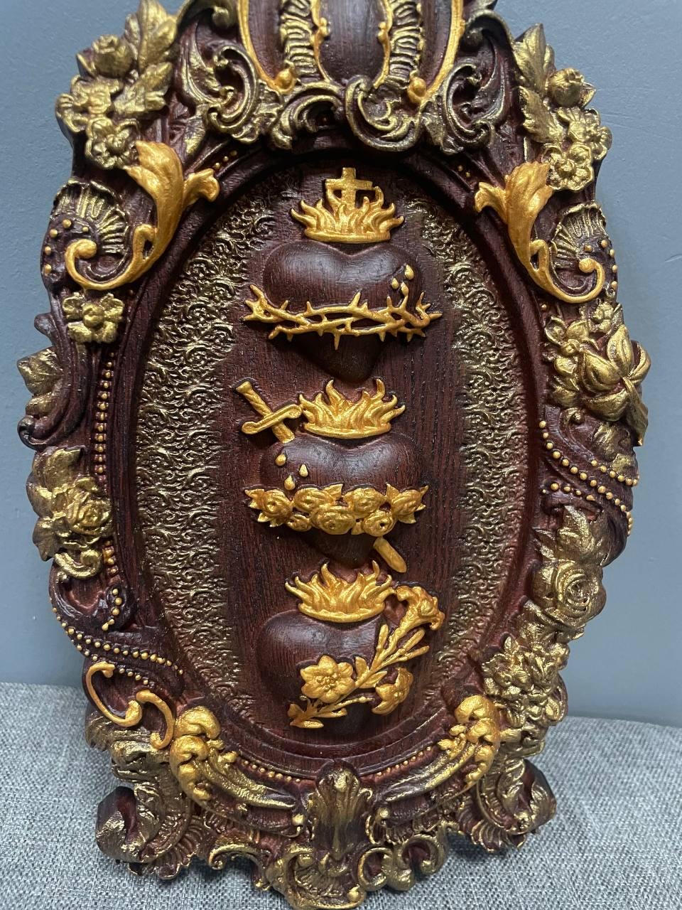 Three Sacred Hearts of the Holy Family Wall Hanging Wooden Art work