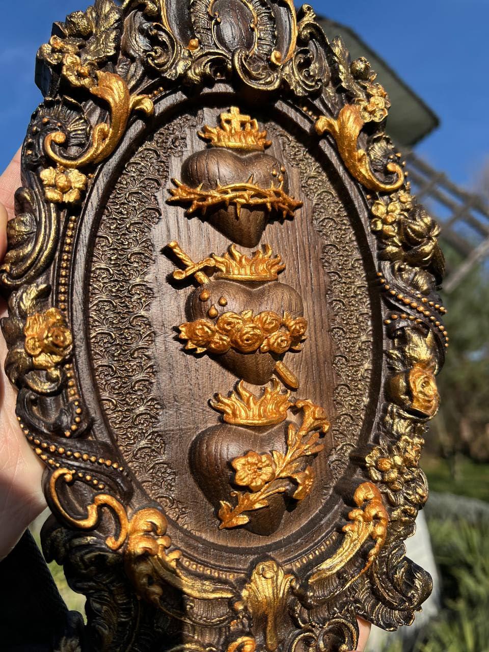 Three Sacred Hearts of the Holy Family Wall Hanging Wooden Art