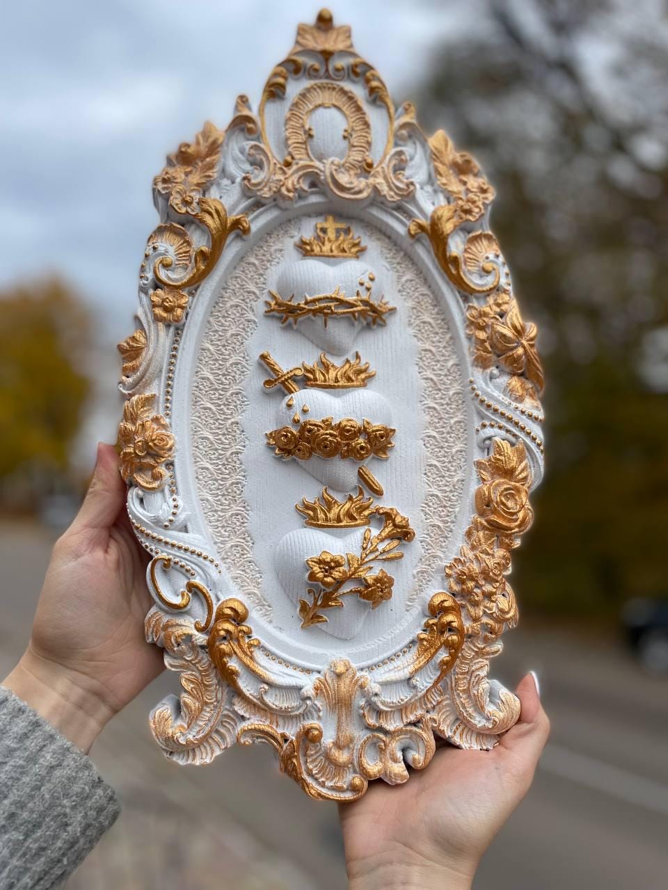 Three Sacred Hearts of the Holy Family Wall Hanging Wooden Art work