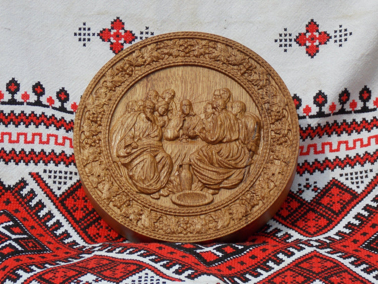 Round Last Supper Wooden Carved Plaque