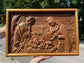 Holy Familly Wooden Carved Plaque with Plain Frame - Kozak Work Shop