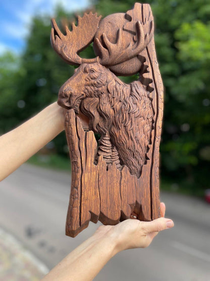 Moose and moon Wooden Carved Plaque