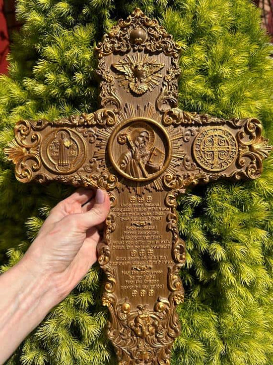 Handcarved St. Benedict exorcism cross with prayer and medal - Kozak Work Shop