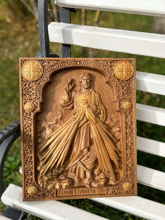 Divine Mercy Icon on Solid Oak Wood Catholic Home Decor - Kozak Work Shop