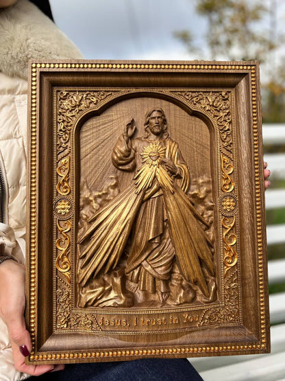 Divine Mercy Icon on Solid Oak Wood