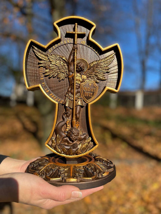 Archangel Michael on the Stand wooden 3D carved statuary