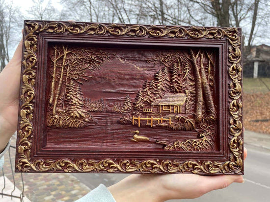 Wooden carved picture In the village - Kozak Work Shop