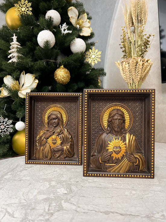 Sacred Heart of Jesus and Immaculate Heart of Mary Set of two Wooden panels  Wooden carved  statuary  6x7  inches  Religious gift