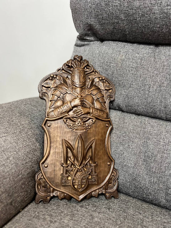 Hand-Carved Wooden Knight Crest with Tryzub - Kozak Work Shop