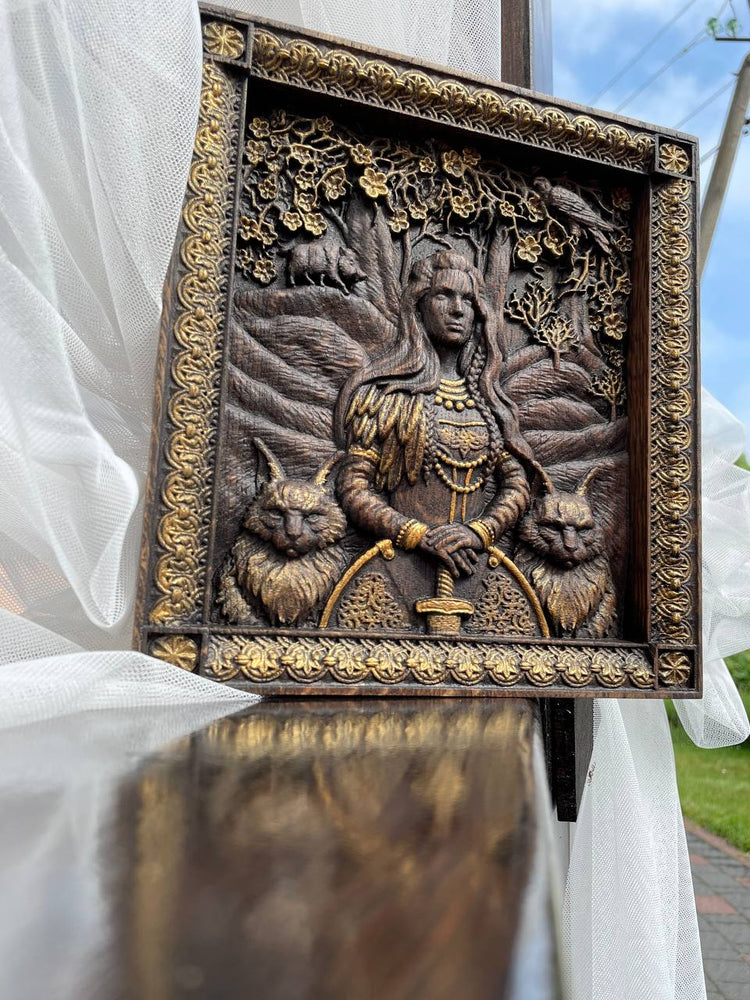 Freyja Skandinavian Goddess Wooden Carved Wall Picture - Kozak Work Shop