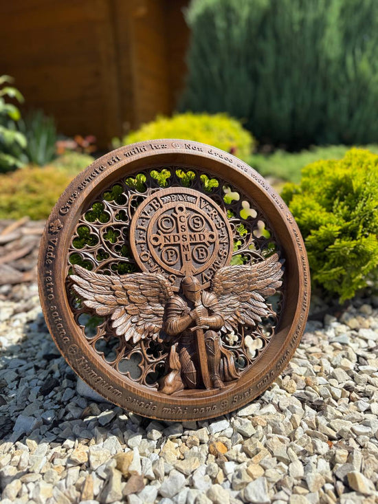 St. Benedict Medal Wood Wall Art with Angel Warrior