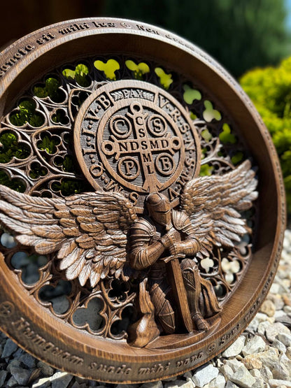 St. Benedict Medal Wood Wall Art with Angel Warrior