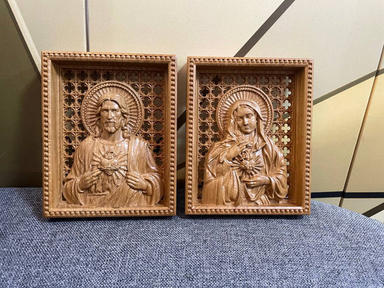 Sacred Heart of Jesus and Immaculate Heart of Mary Set of two Wooden panels  Wooden carved  statuary  6x7  inches  Religious gift