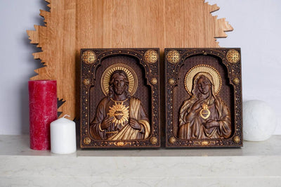 Sacred Heart of Jesus and Immaculate Heart of Mary Set of two Wooden panels - Kozak Work Shop