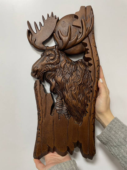 Moose and moon Wooden Carved Plaque - Kozak Work Shop