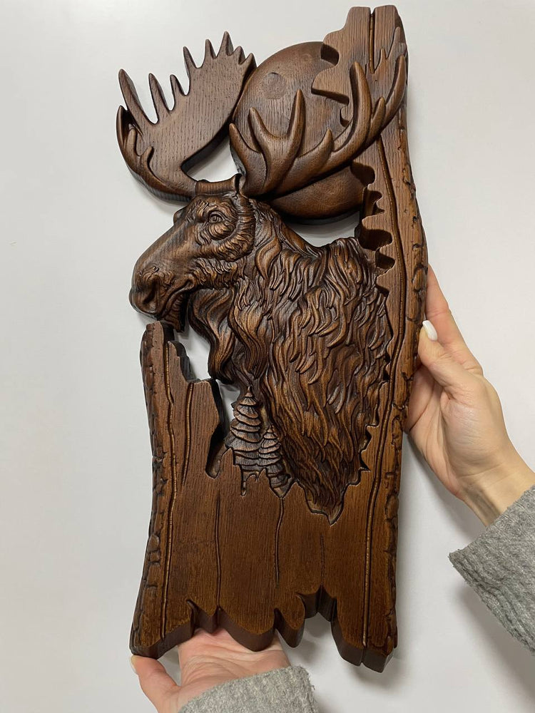 Moose and moon Wooden Carved Plaque - Kozak Work Shop