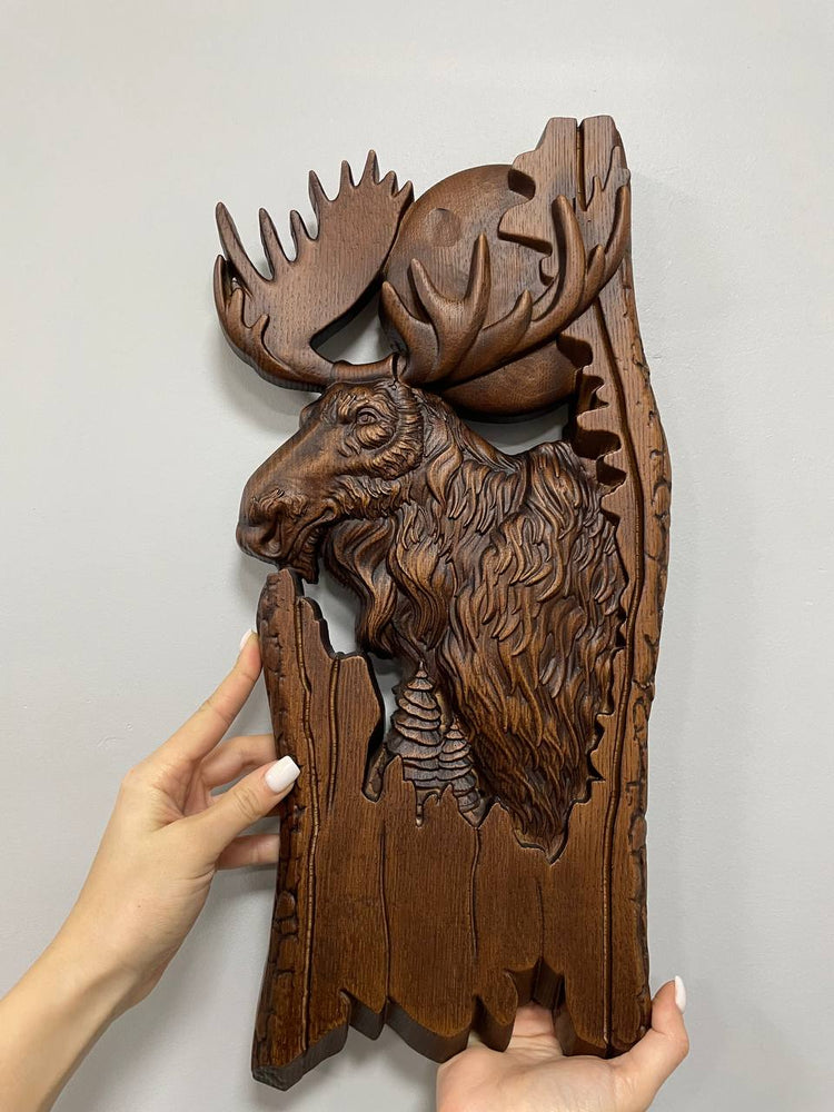Moose and moon Wooden Carved Plaque - Kozak Work Shop