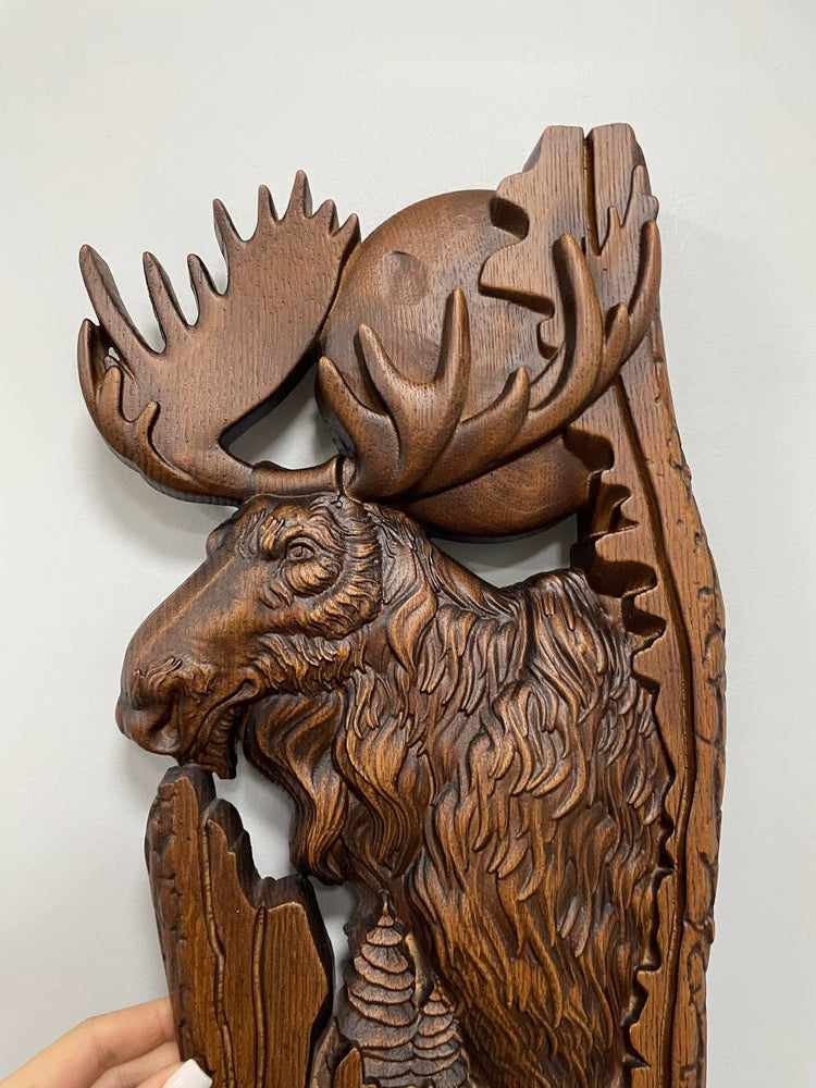 Moose and moon Wooden Carved Plaque - Kozak Work Shop