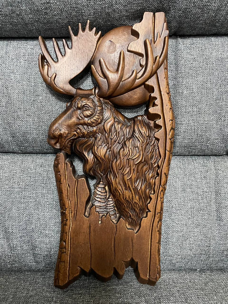 Moose and moon Wooden Carved Plaque - Kozak Work Shop