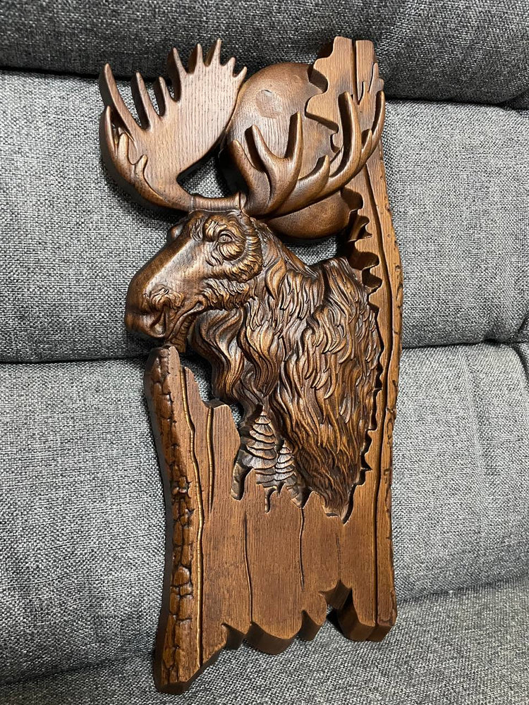 Moose and moon Wooden Carved Plaque - Kozak Work Shop