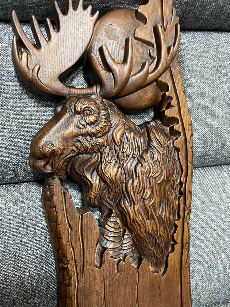 Moose and moon Wooden Carved Plaque - Kozak Work Shop