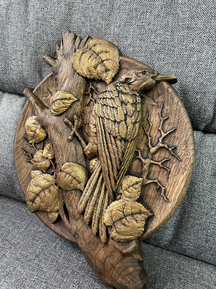 Woodpecker Bird Ornament Wood Carved Plaque - Kozak Work Shop