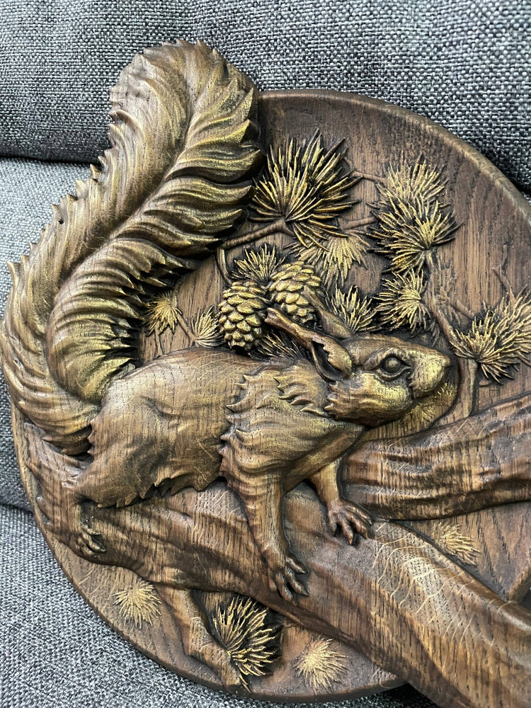 Squirrel Wood Carved Plaque - Kozak Work Shop