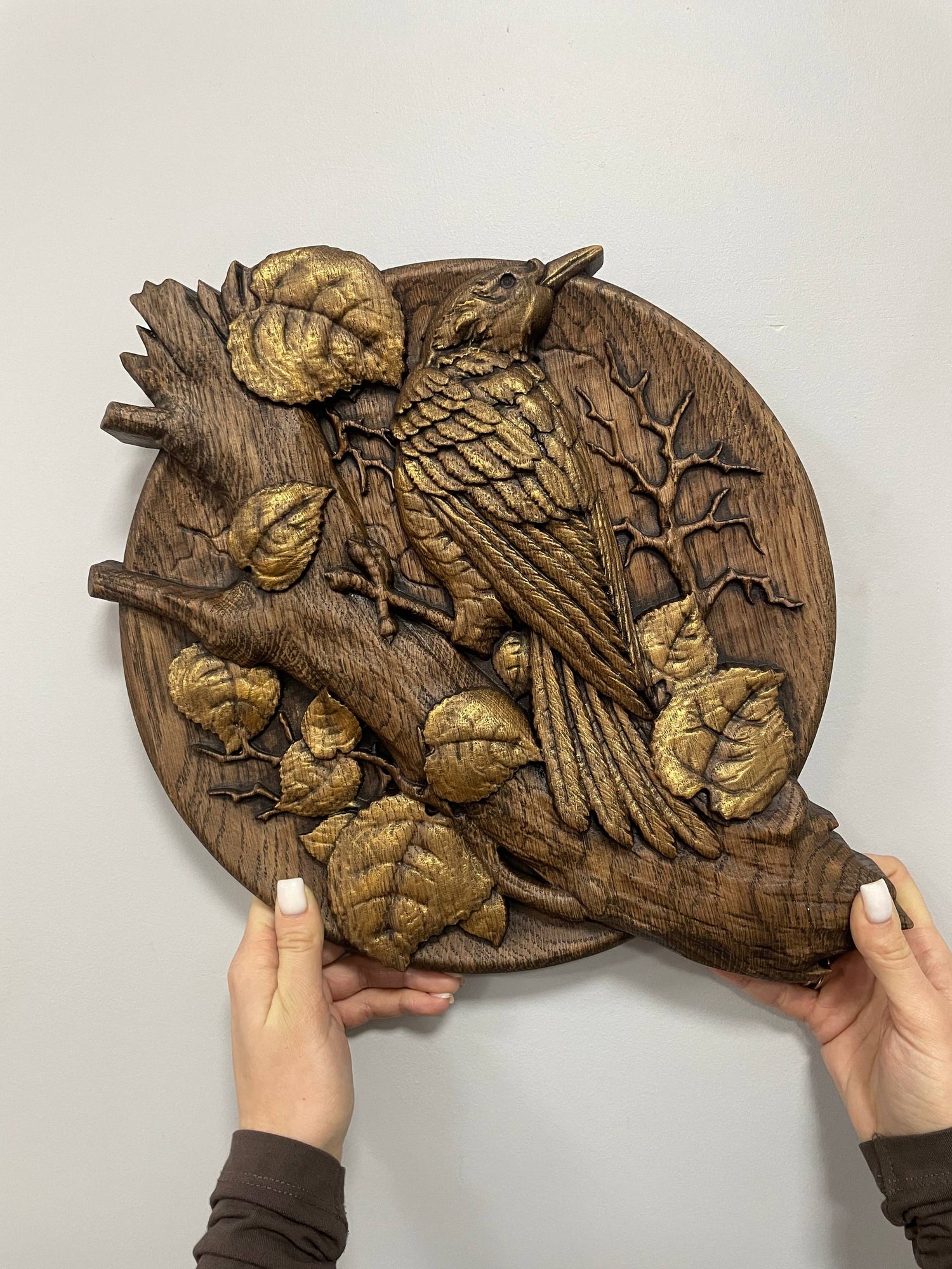 Woodpecker Bird Ornament Wood Carved Plaque - Kozak Work Shop