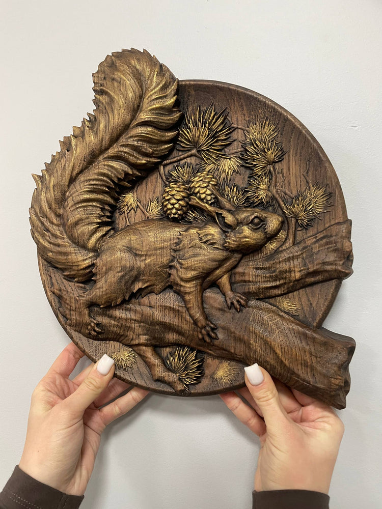 Squirrel Wood Carved Plaque - Kozak Work Shop