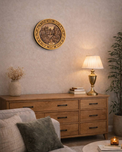 Round Last Supper Wooden Carved Plaque