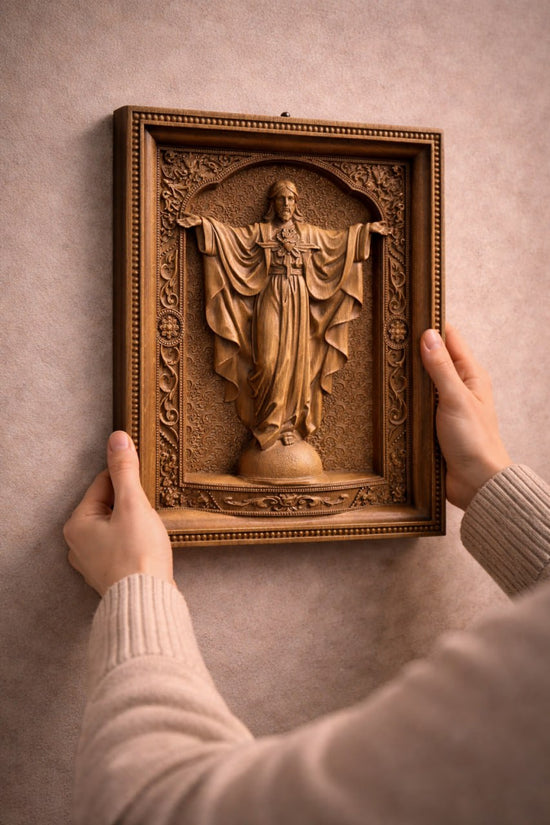 Wooden icon of the Sacred Heart Jesus arms extended