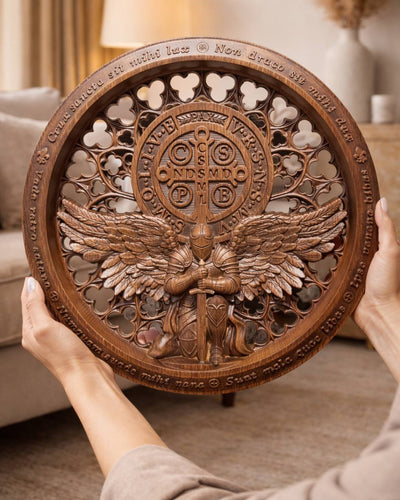 St. Benedict Medal Wood Wall Art with Angel Warrior