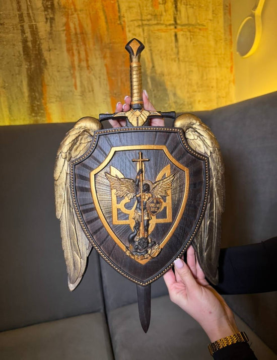 The shield with Ukrainian Trident and Archangel Michael Wooden Plaque