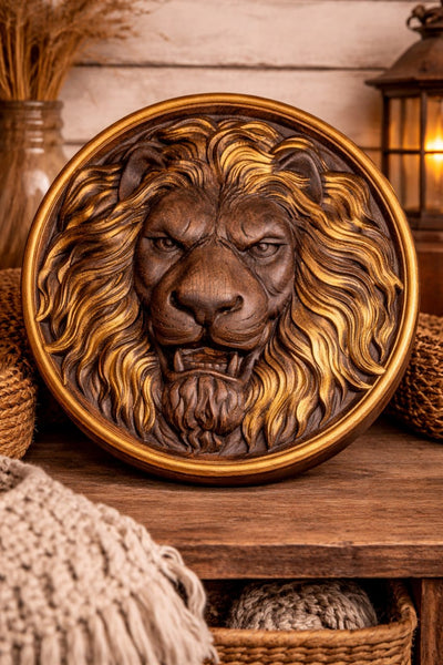 Lion Head Wooden Carved Plaque
