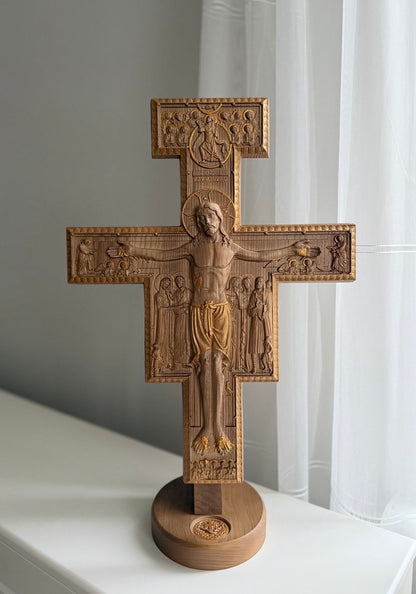 Hand-Carved Wooden Tabletop Crucifix with Stand
