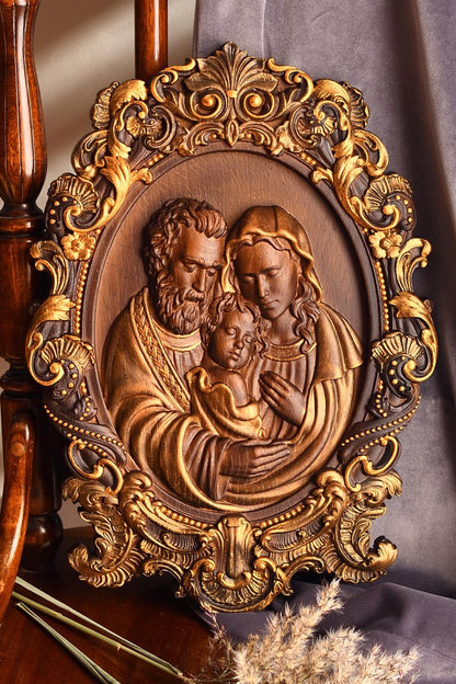 Holy Familly Wooden Carved Icon with Classical Frame