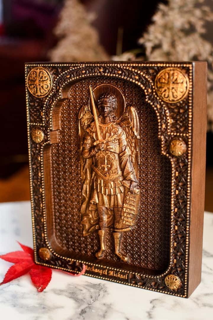 Archangel Michael with a Manuscript wooden 3D carved image - Kozak Work Shop