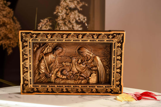 Holy Familly Wooden Carved Plaque Long - Kozak Work Shop
