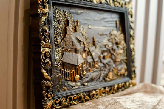 Wooden carved picture House in the Valley - Kozak Work Shop