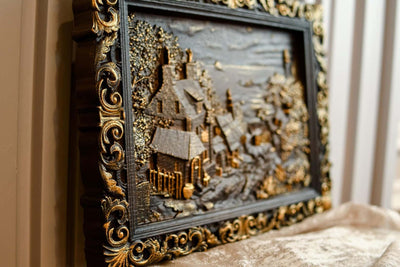 Wooden carved picture House in the Valley - Kozak Work Shop