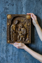 Holy Familly Wooden Carved Plaque with Lilies