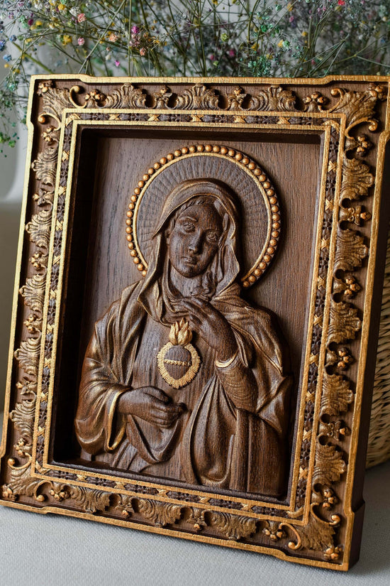 Immaculate Heart of Mary Wooden Icon Antique - Kozak Work Shop
