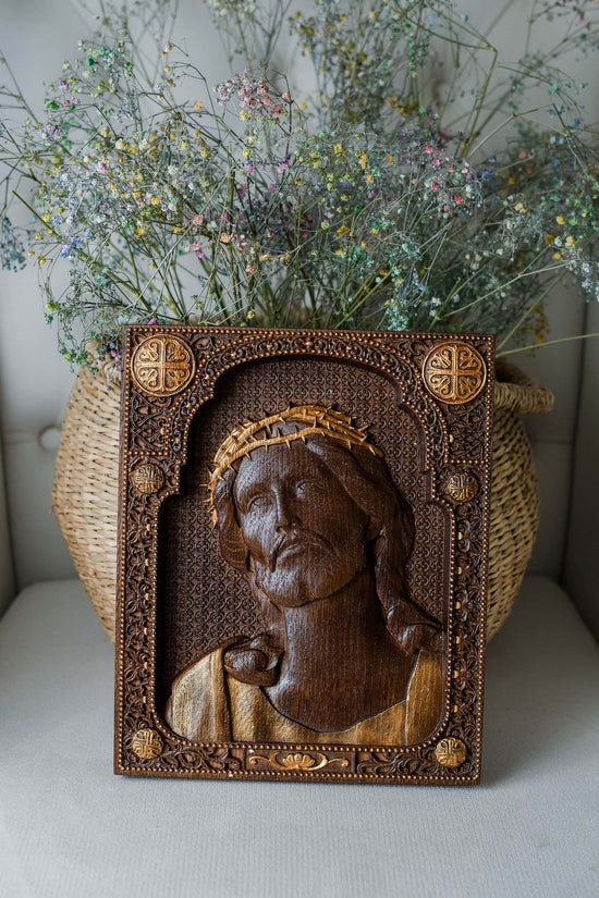 Jesus Christ Wearing Crown of Thorns Wooden Image Classical - Kozak Work Shop