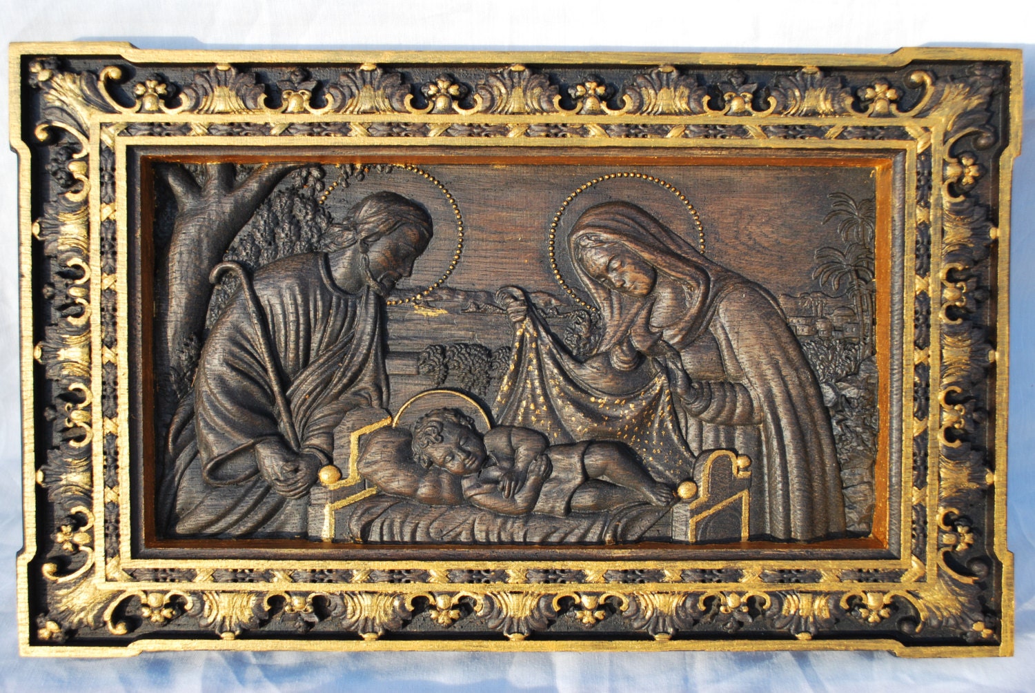 Holy Familly Wooden Carved Plaque Long 267