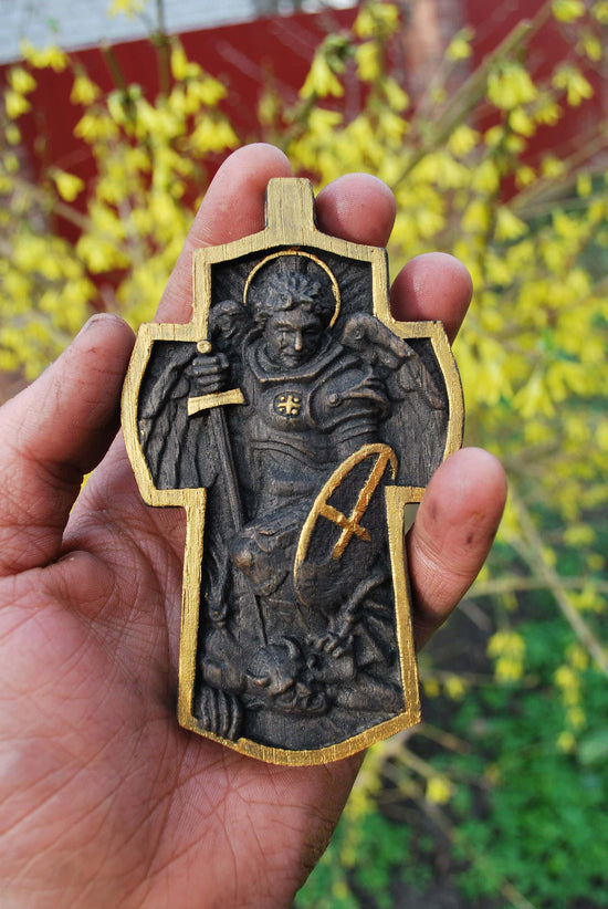 4 inches Pectoral Wooden Cross Archangel Michael 226