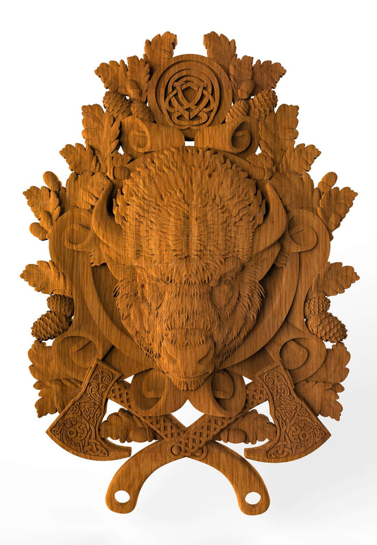 Wooden Bison Head Figure
